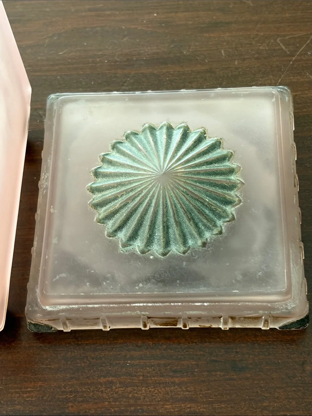 Taussaunt Glass Frosted  Pink Square Vanity Powder Box with Sunburst